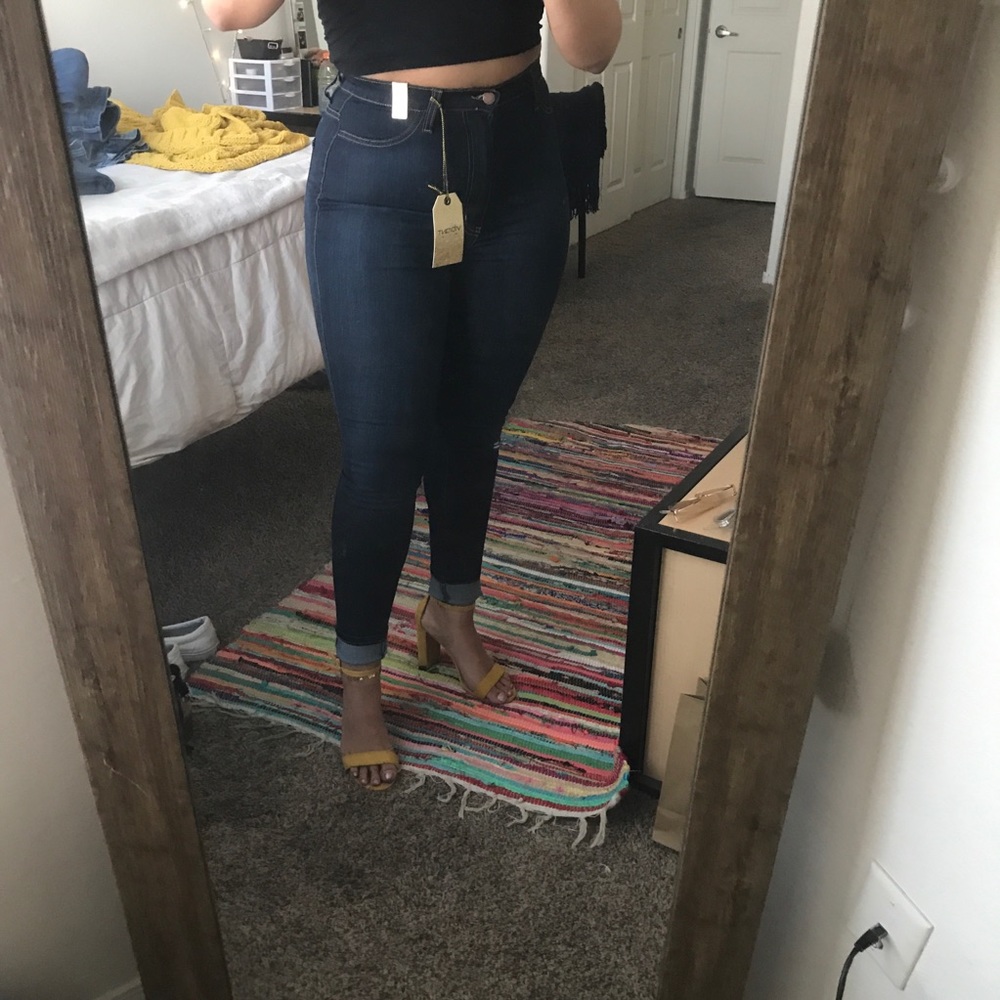 superrr skinny high waste dark wash jeans